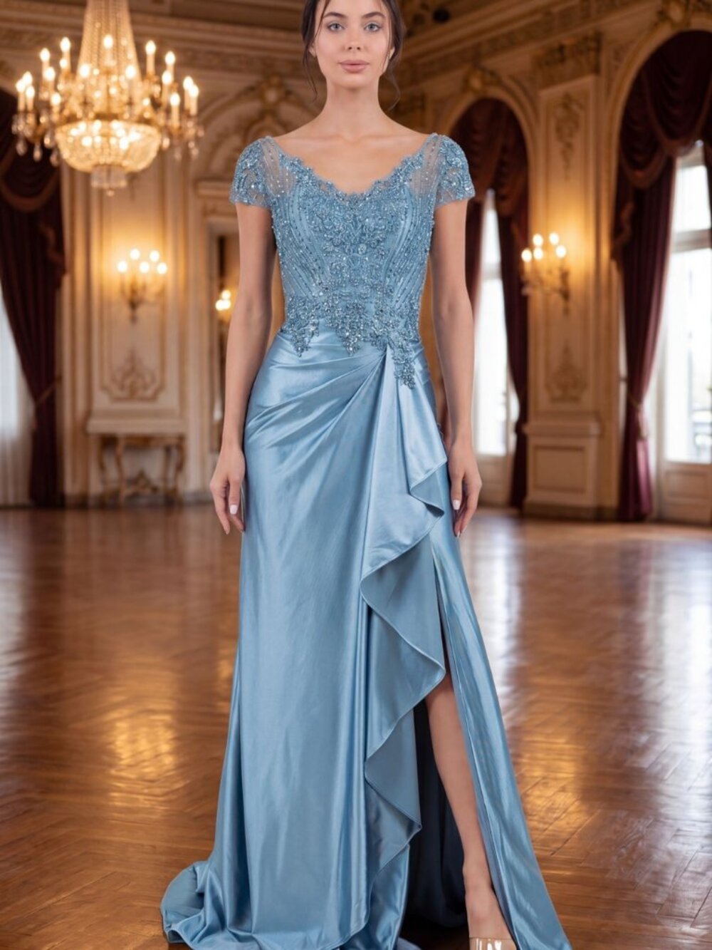 NEW DUSTY BLUE Satin & Lace Illusion Neckline Evening Gown With Slit 8513M
